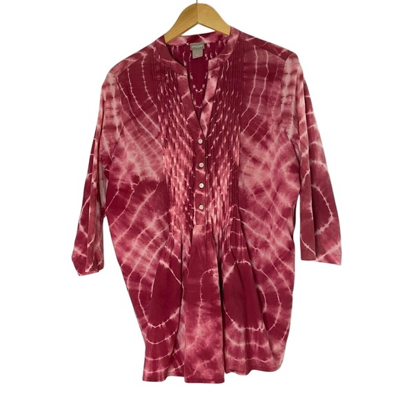 Chicos Size 3 Pink‎ Tie Dye Pleated Tunic Top Blouse Shirt - Picture 2 of 5